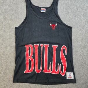 Vintage 90s Chicago Bulls Tank Top Size Medium Black Spellout Nutmeg Shirt